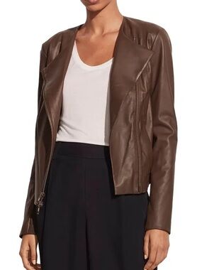 Vince Brown Leather Open-Front Moto Jacket